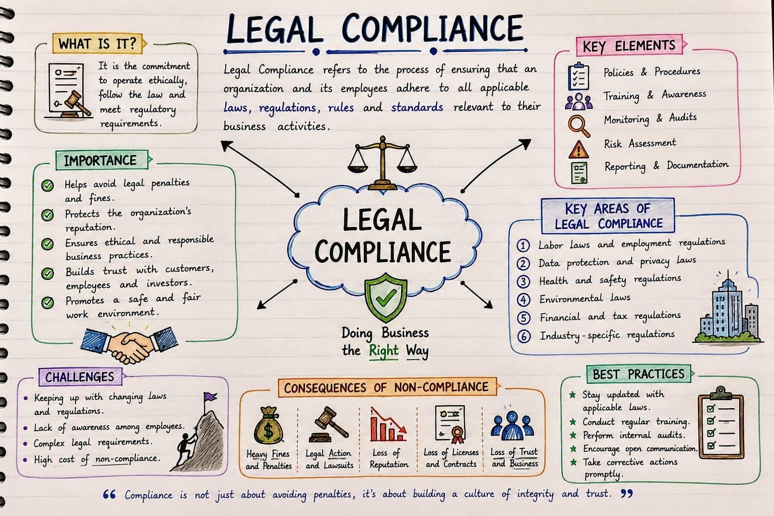 Illustrated overview of legal compliance principles, key areas, challenges and best practices.