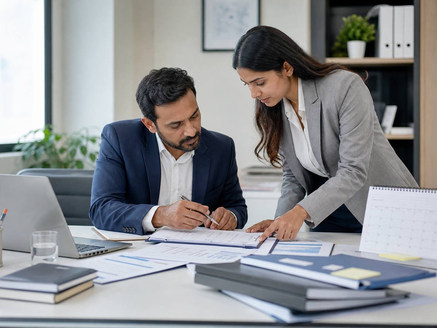 Indian business professionals reviewing a compliance checklist and calendar.