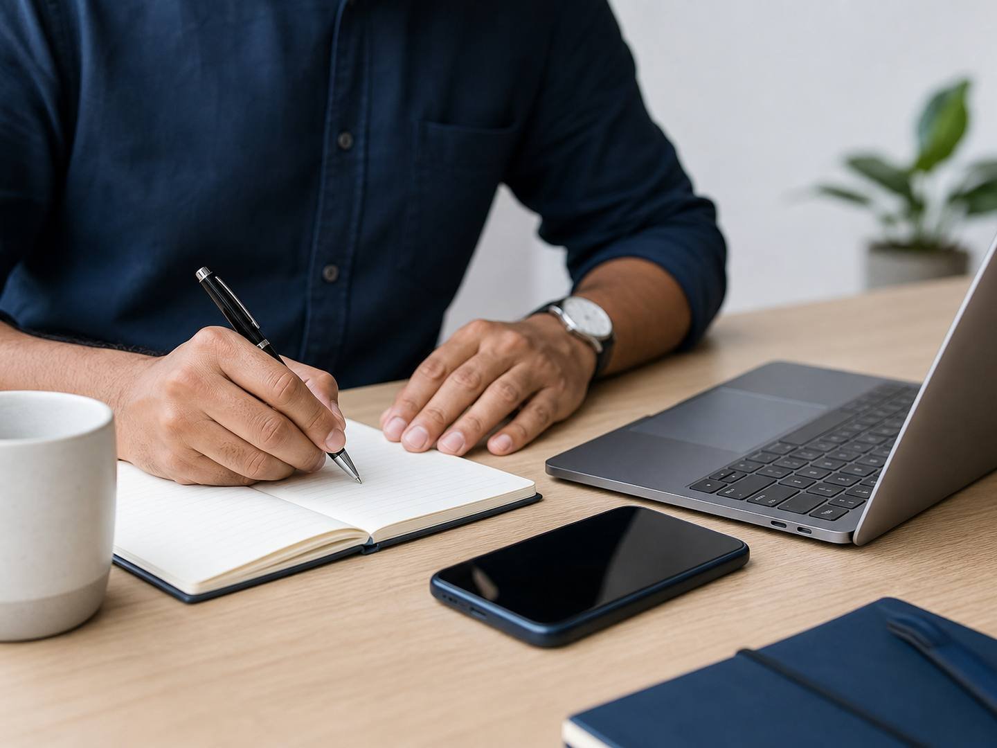 Indian professional writing notes beside a phone and laptop in a representative workspace.