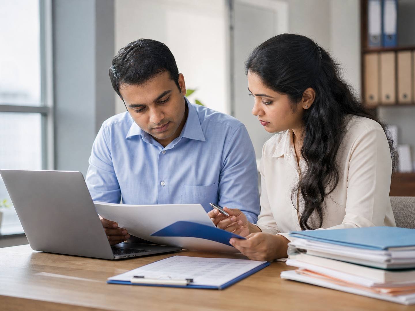 Indian education administrators organising application documents in a representative workspace.