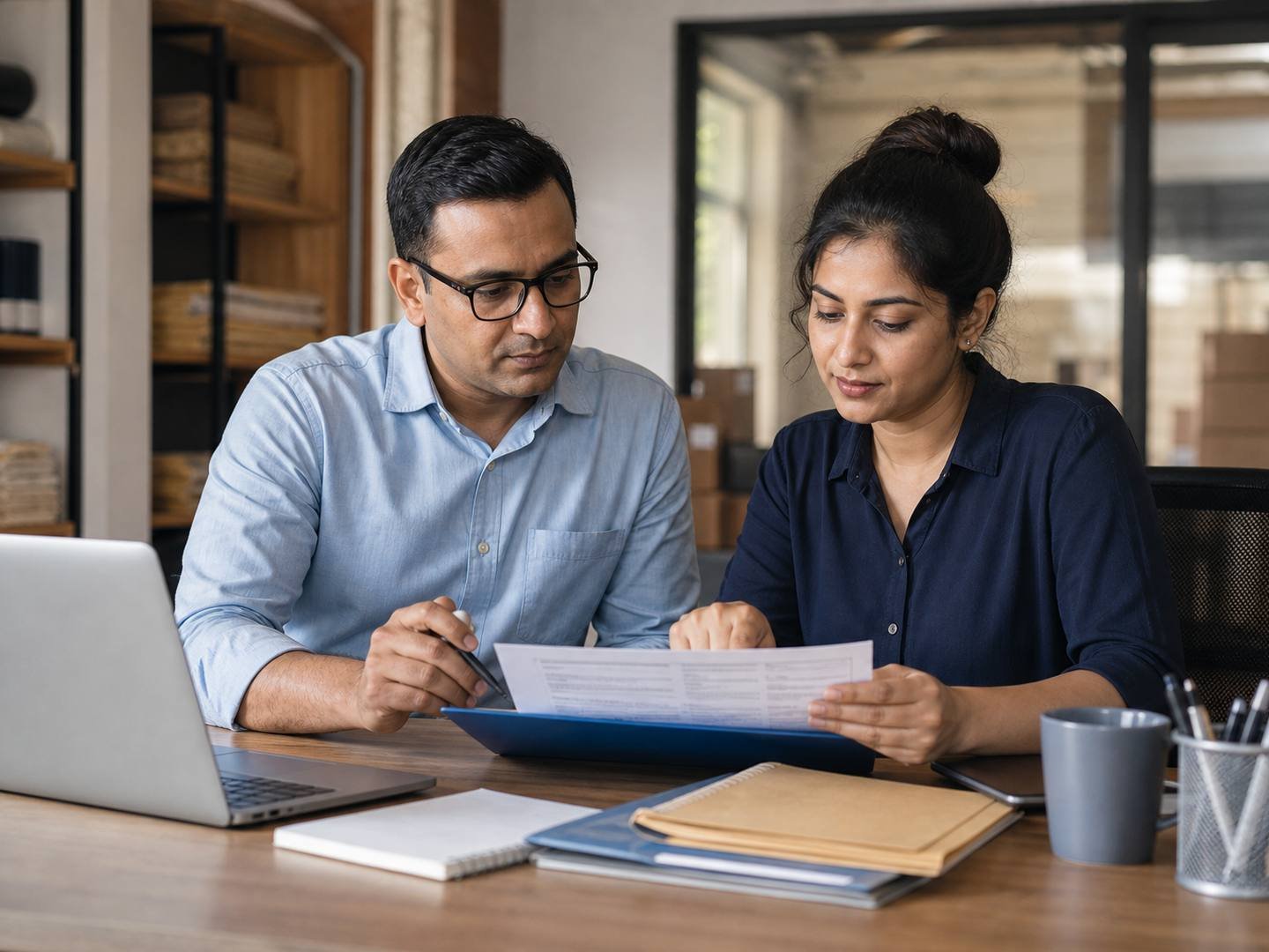 Indian small-business professionals reviewing an operations checklist.