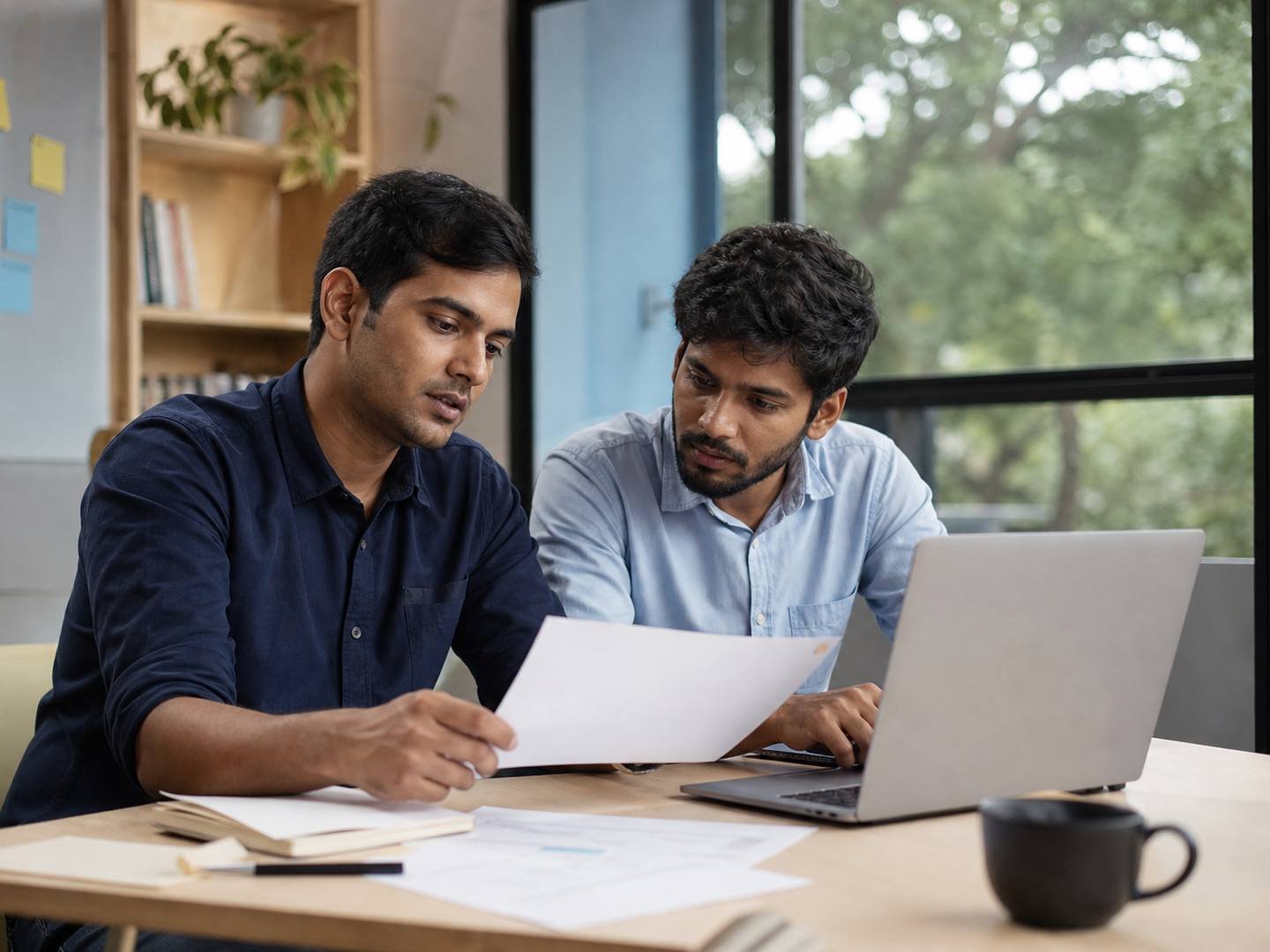 Indian startup professionals reviewing an early-stage business plan.